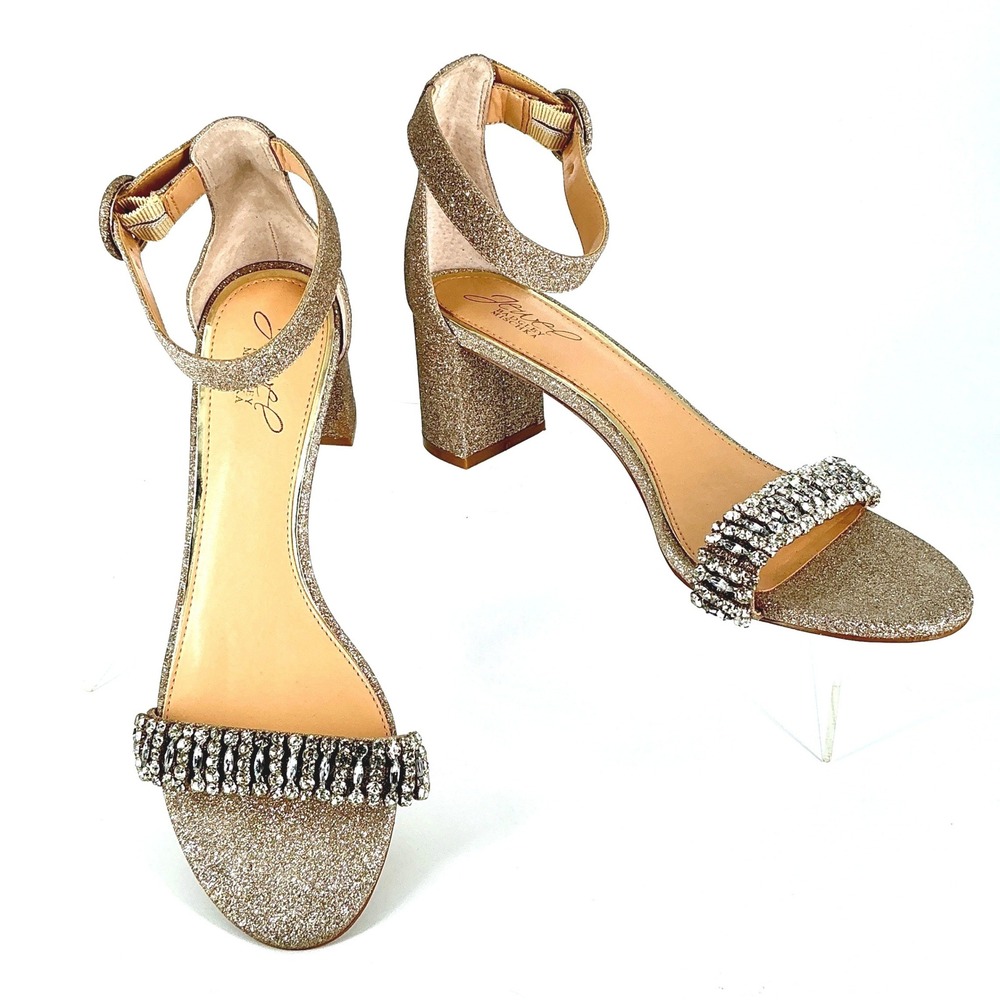 Jewel Badgley Mischka Size 8.5 Champagne Gold Glitter Crystal Heels Sandal James - Picture 3 of 12